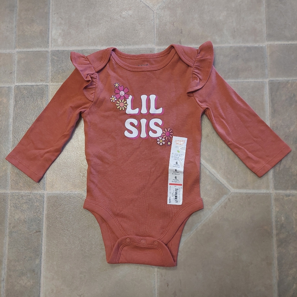 Jumping Beans Baby Lil Sis Flowers Long Sleeve One-Piece Bodysuit Size 6 NEW